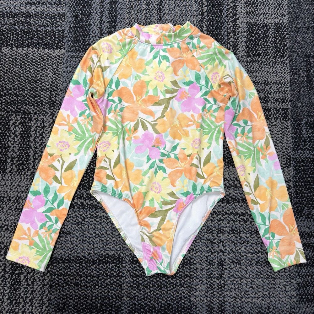 Billabong Girls Multi Floral Long Sleeve Swimsuit Size 7 Beach Pool Surf